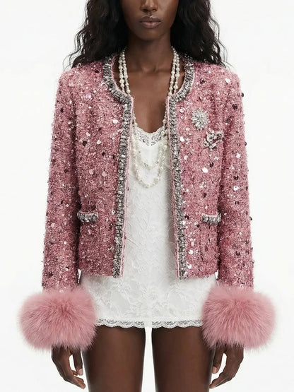Pink Sequin Tweed Jacket with Fur Cuffs - Jackets