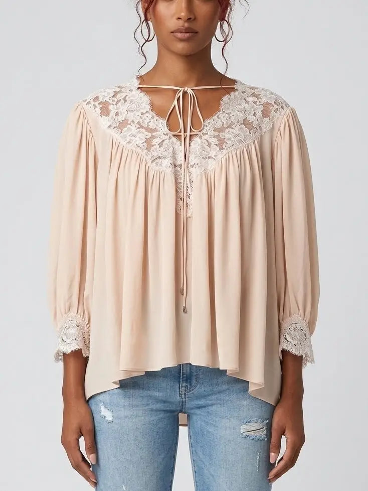 Pink Silk Lace Blouse with Tie Neck - Tops
