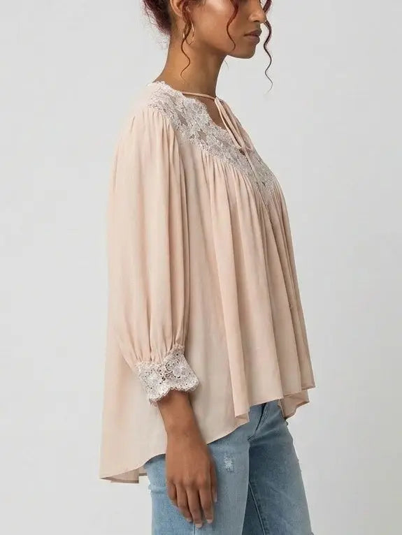 Pink Silk Lace Blouse with Tie Neck - Tops