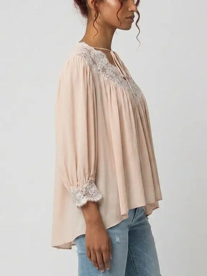Pink Silk Lace Blouse with Tie Neck - Tops