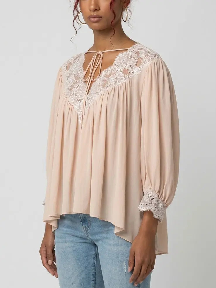 Pink Silk Lace Blouse with Tie Neck - Tops