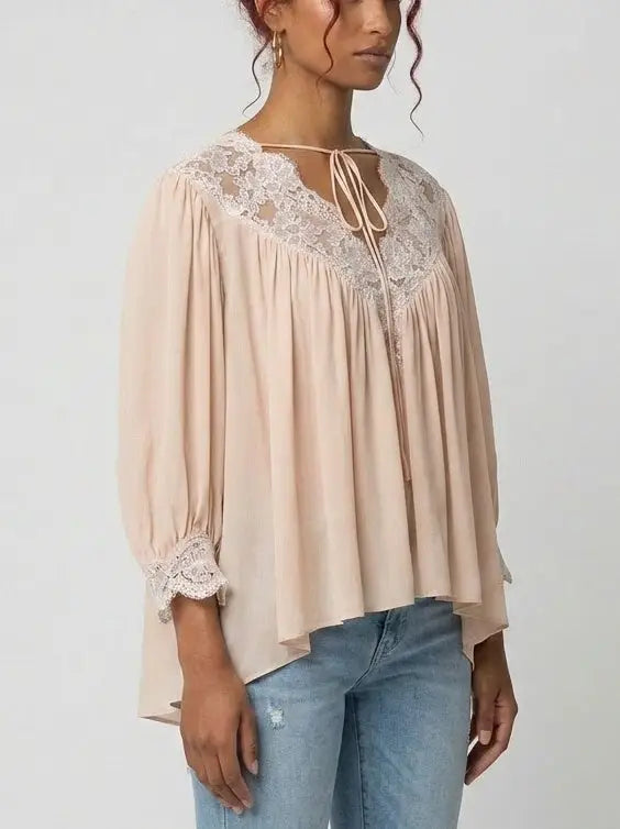 Pink Silk Lace Blouse with Tie Neck - Tops