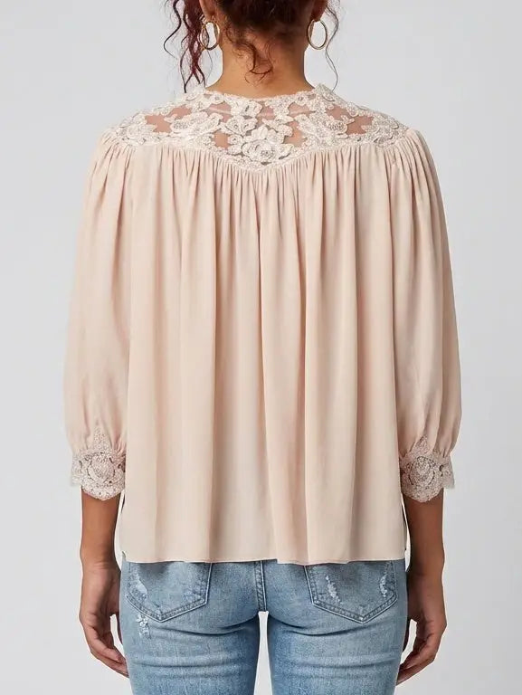 Pink Silk Lace Blouse with Tie Neck - Tops
