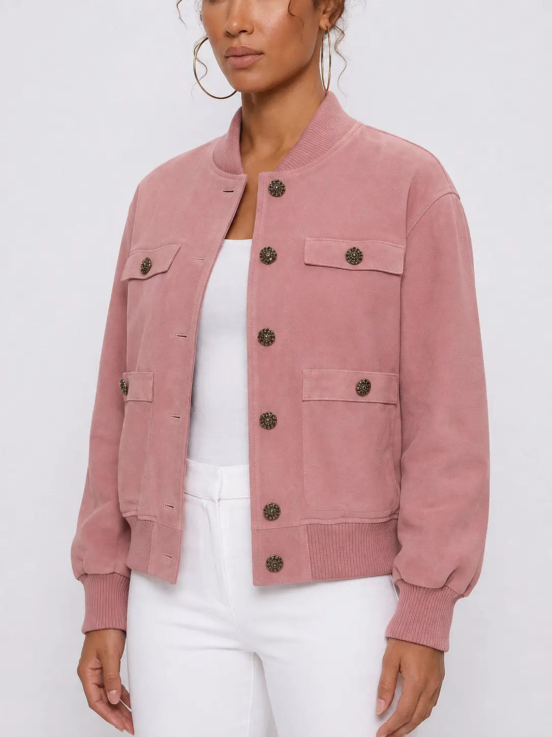 Pink Suede Bomber Jacket with Ornate Metal Buttons - Jackets