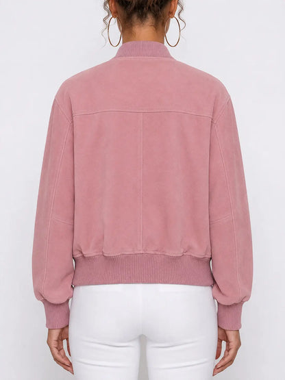 Pink Suede Bomber Jacket with Ornate Metal Buttons - Jackets