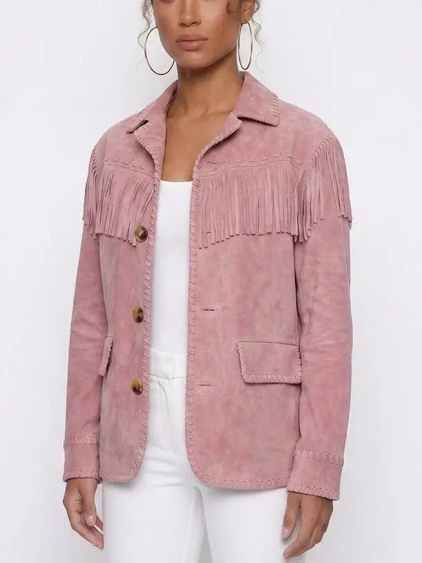 Pink Suede Fringe Jacket - Jackets