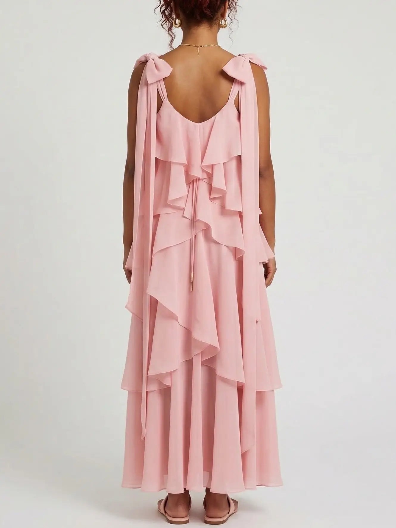Pink Tiered Ruffle Chiffon Maxi Dress - Dresses