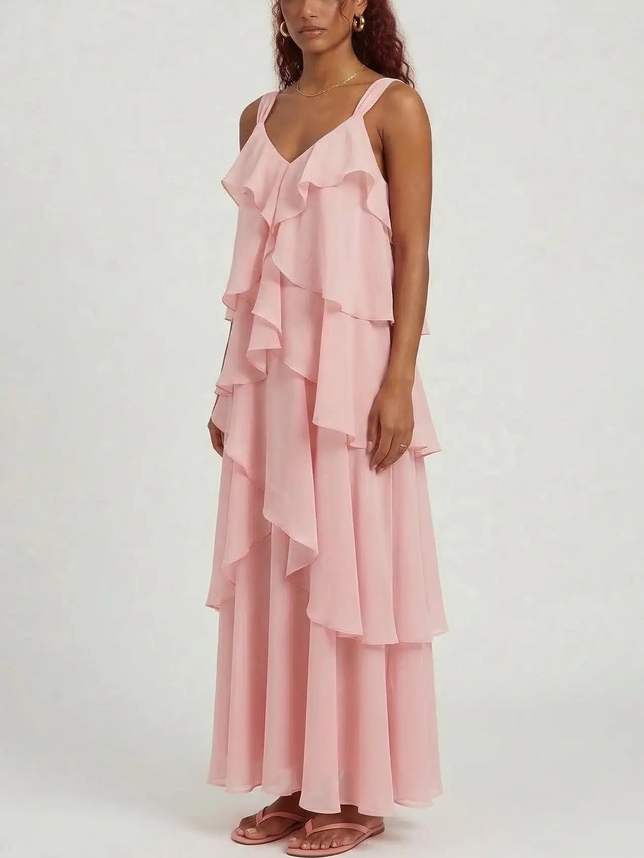 Pink Tiered Ruffle Chiffon Maxi Dress - Dresses