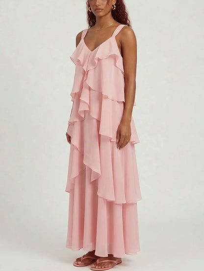 Pink Tiered Ruffle Chiffon Maxi Dress - Dresses