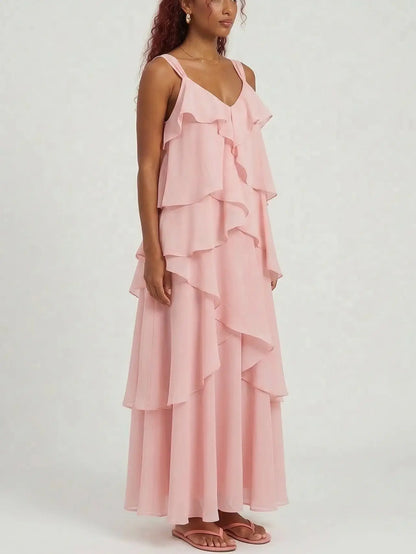 Pink Tiered Ruffle Chiffon Maxi Dress - Dresses