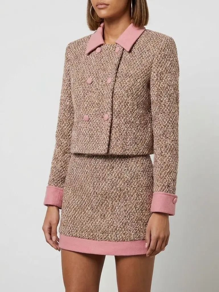 Pink Trim Tweed Cropped Jacket and Mini Skirt Set - Suits & Sets