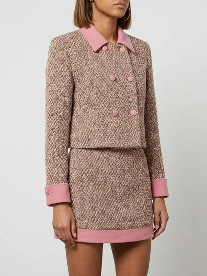 Pink Trim Tweed Cropped Jacket and Mini Skirt Set - Suits & Sets