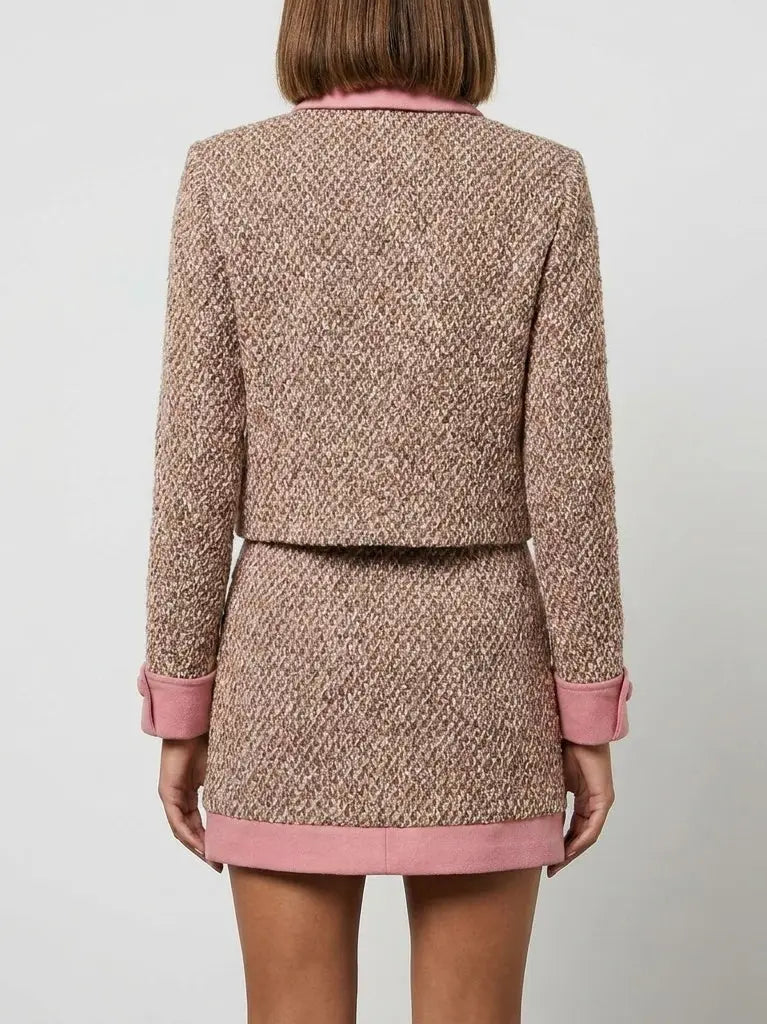 Pink Trim Tweed Cropped Jacket and Mini Skirt Set - Suits & Sets
