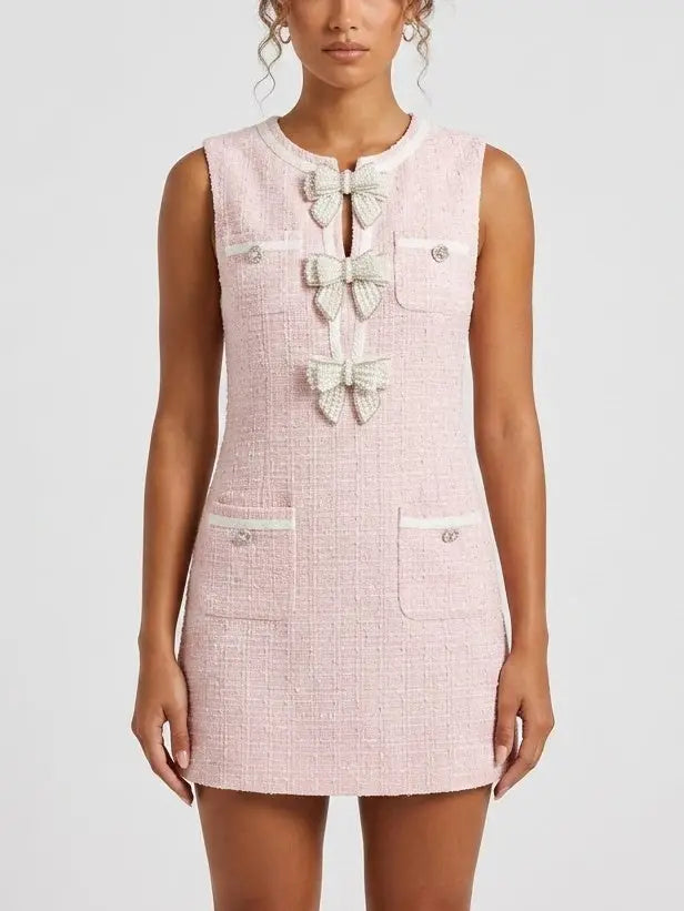 Light Pink Tweed Mini Dress with Bows