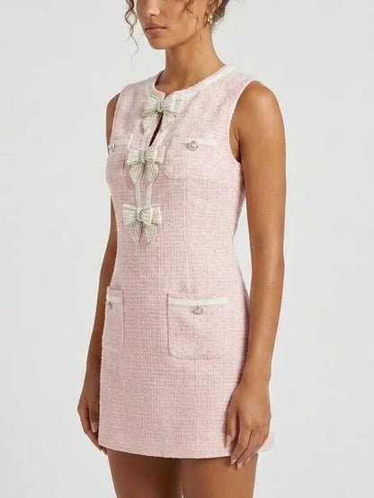 Pink Tweed Bow Detail Mini Dress - Dresses