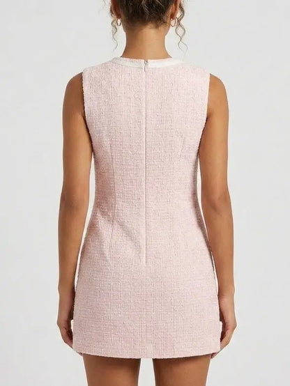 Pink Tweed Bow Detail Mini Dress - Dresses