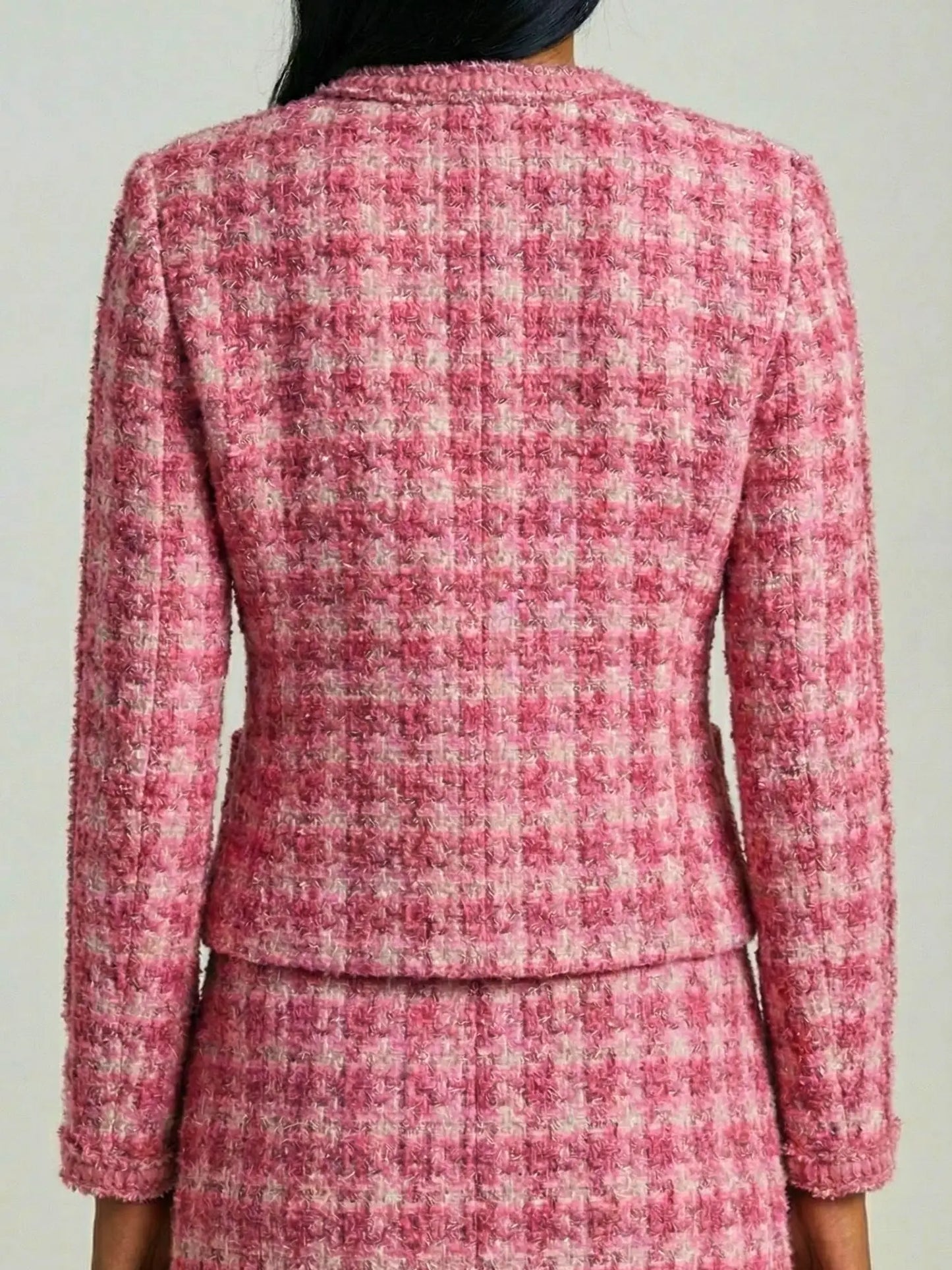 Pink Tweed Collarless Jacket - Jackets