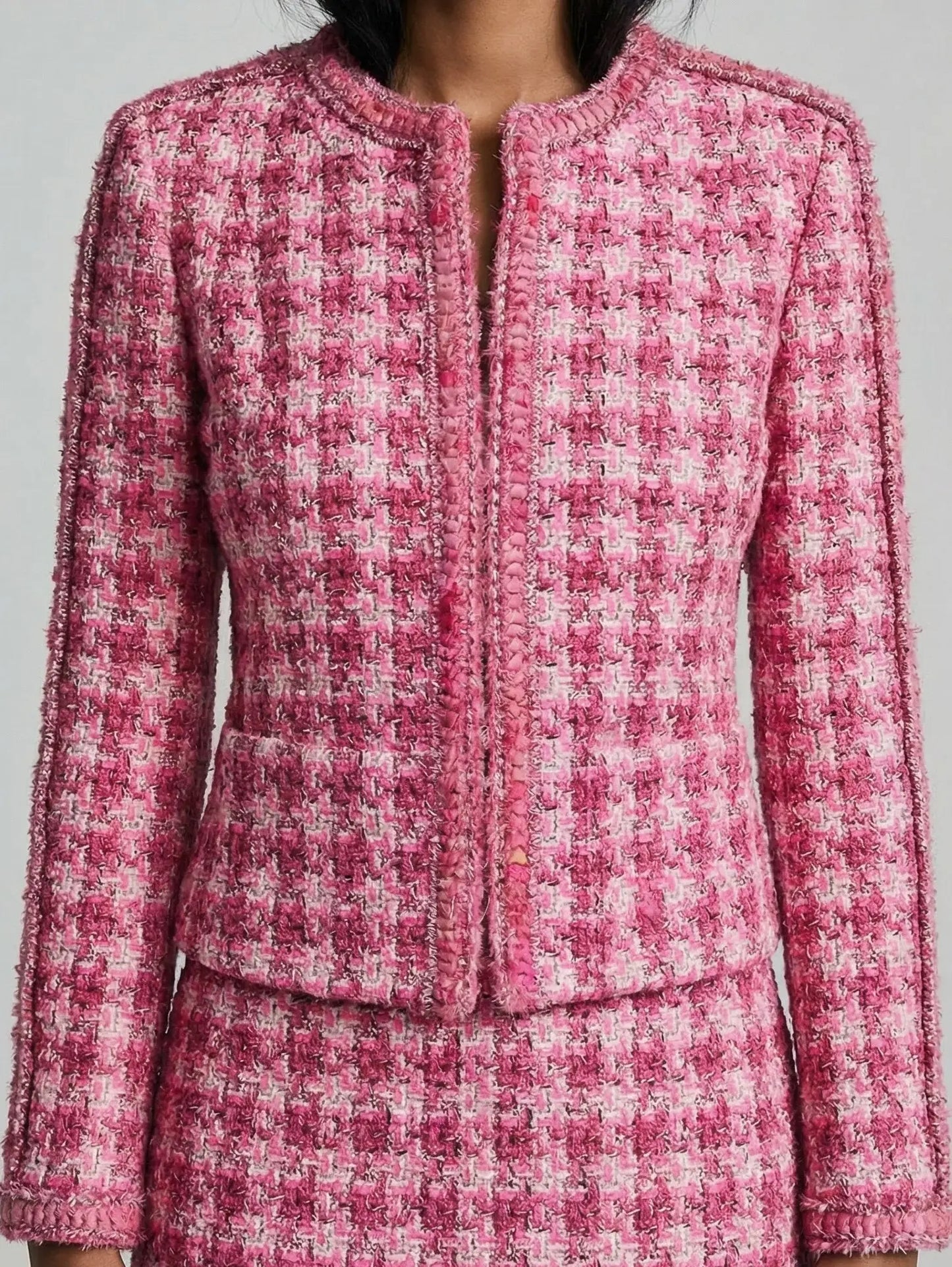 Pink Tweed Collarless Jacket - Jackets