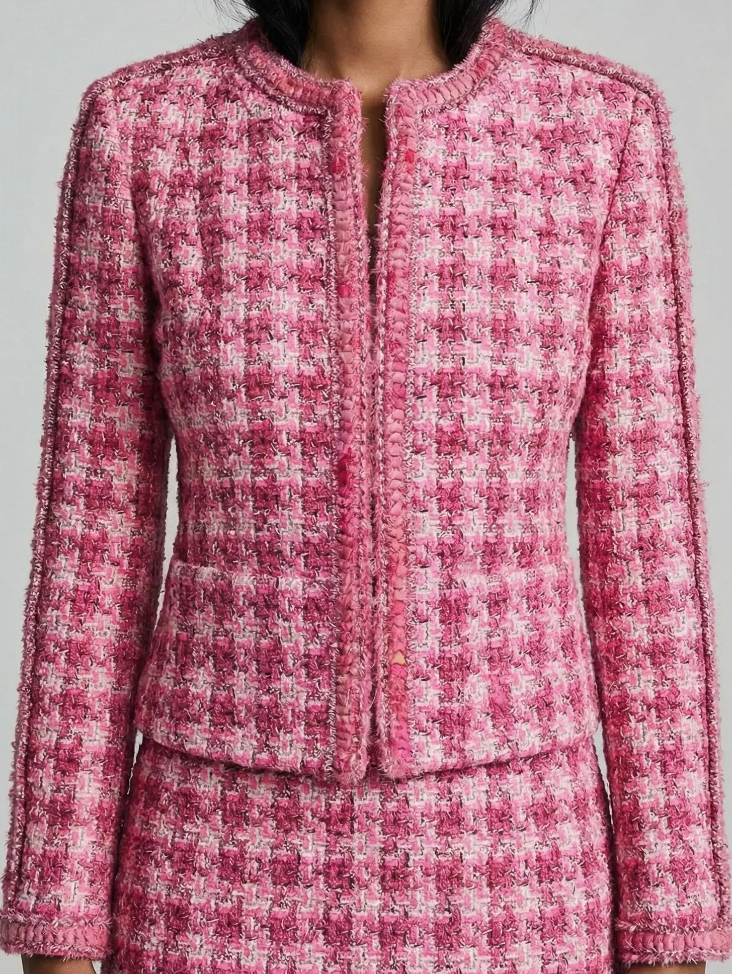 Pink Tweed Collarless Jacket - Jackets