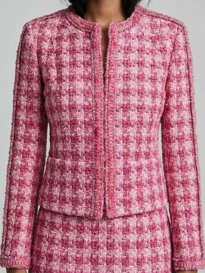 Pink Tweed Collarless Jacket - Jackets