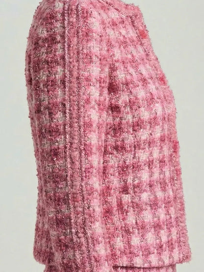 Pink Tweed Collarless Jacket - Jackets