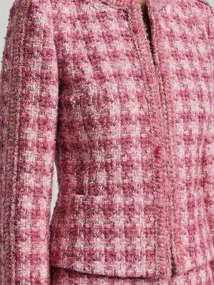 Pink Tweed Collarless Jacket - Jackets