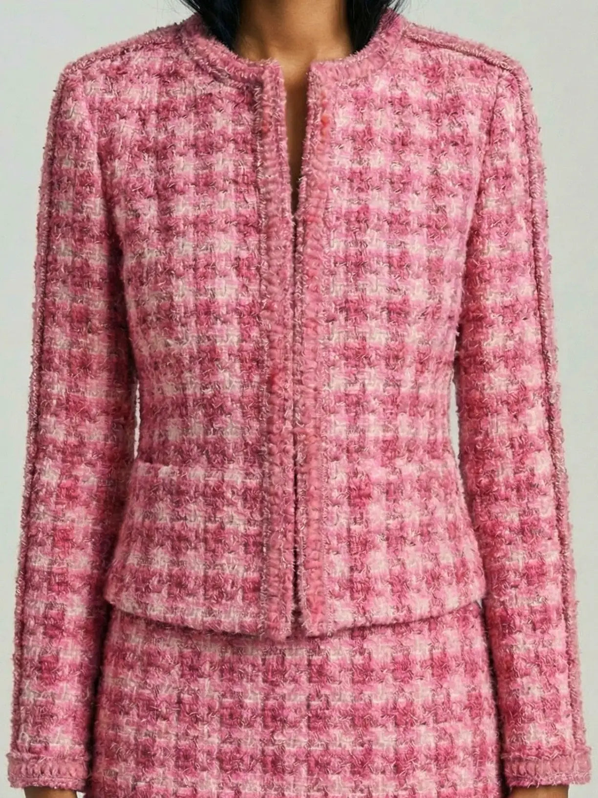 Pink Tweed Collarless Jacket - Jackets