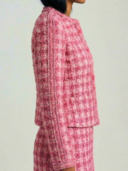 Pink Tweed Collarless Jacket - Jackets