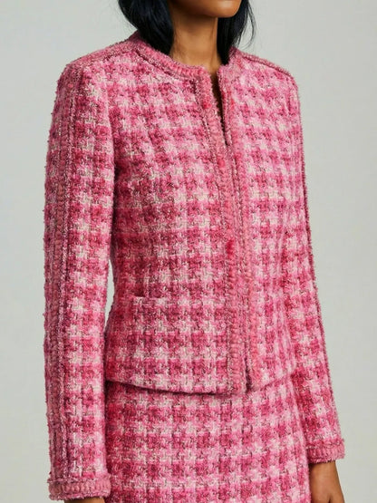 Pink Tweed Collarless Jacket - Jackets