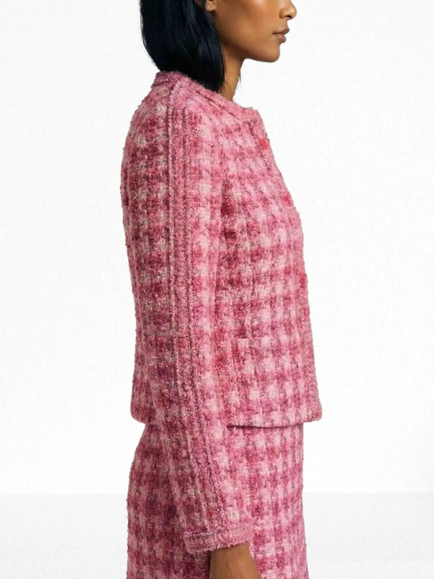 Pink Tweed Collarless Jacket - Jackets
