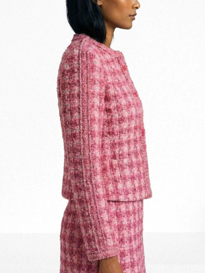 Pink Tweed Collarless Jacket - Jackets