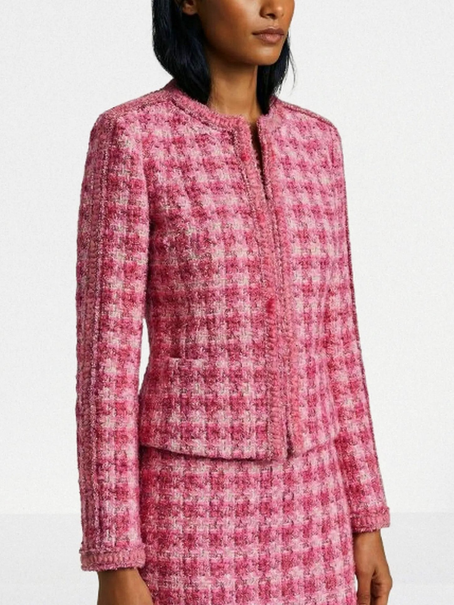Pink Tweed Collarless Jacket - Jackets