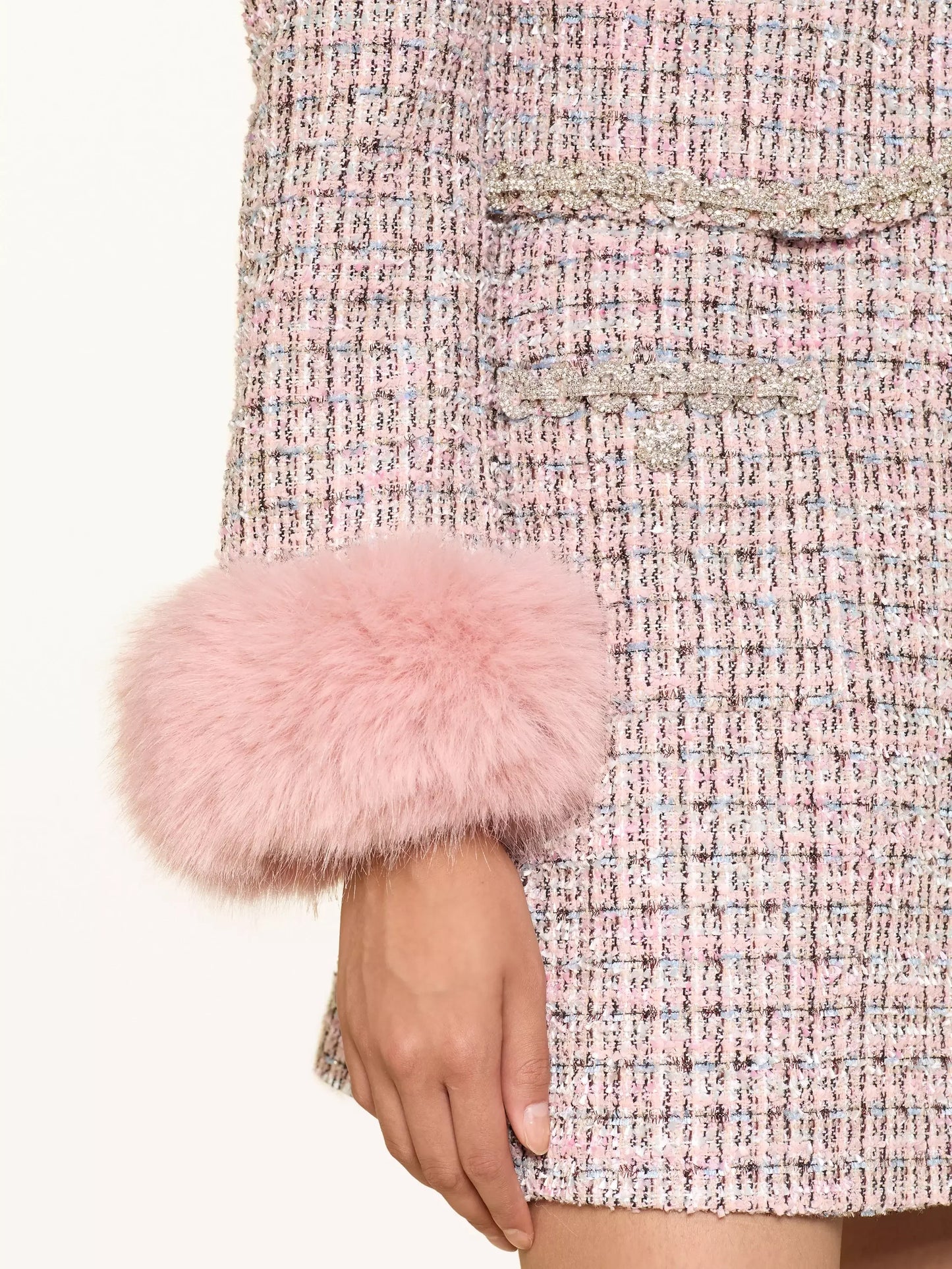 Pink Tweed Fur-Cuff Jacket and Skirt Set - Suits & Sets