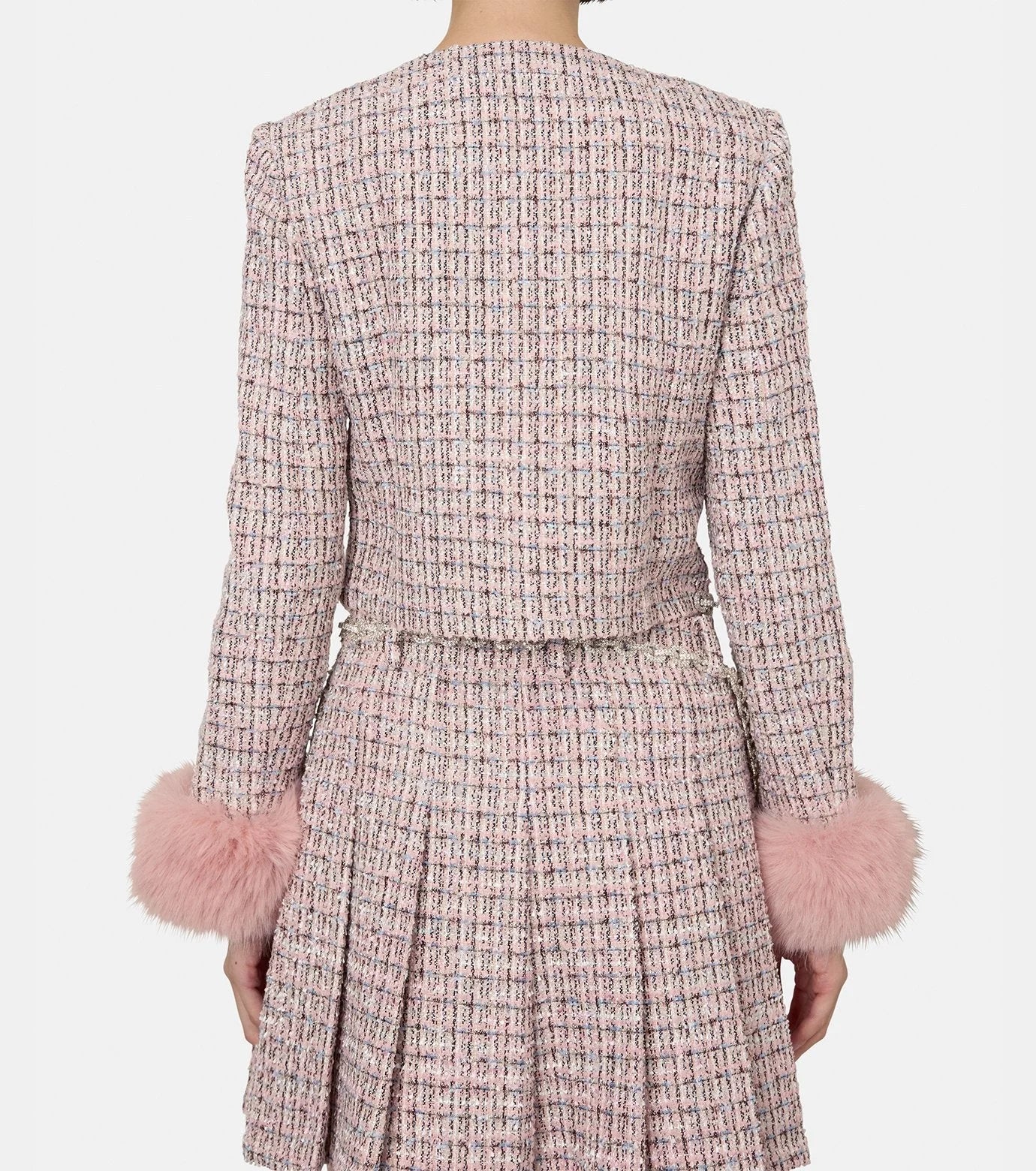 Pink Tweed Fur-Cuff Jacket and Skirt Set - Suits & Sets