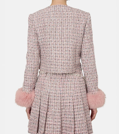 Pink Tweed Fur-Cuff Jacket and Skirt Set - Suits & Sets