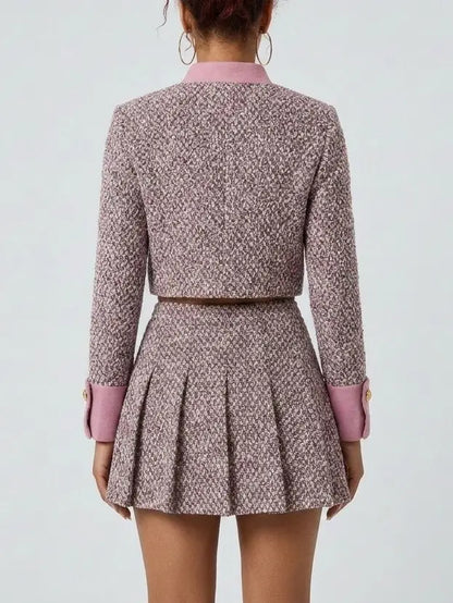 Pink Tweed Jacket and Pleated Mini Skirt Set - Suits & Sets