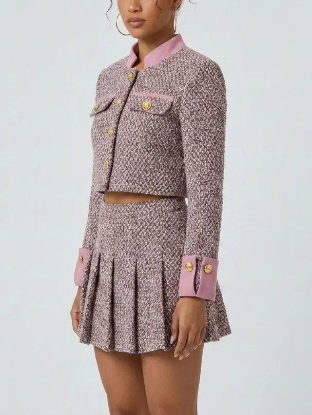Pink Tweed Jacket and Pleated Mini Skirt Set - Suits & Sets