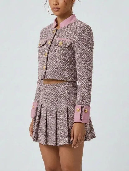 Pink Tweed Jacket and Pleated Mini Skirt Set - Suits & Sets