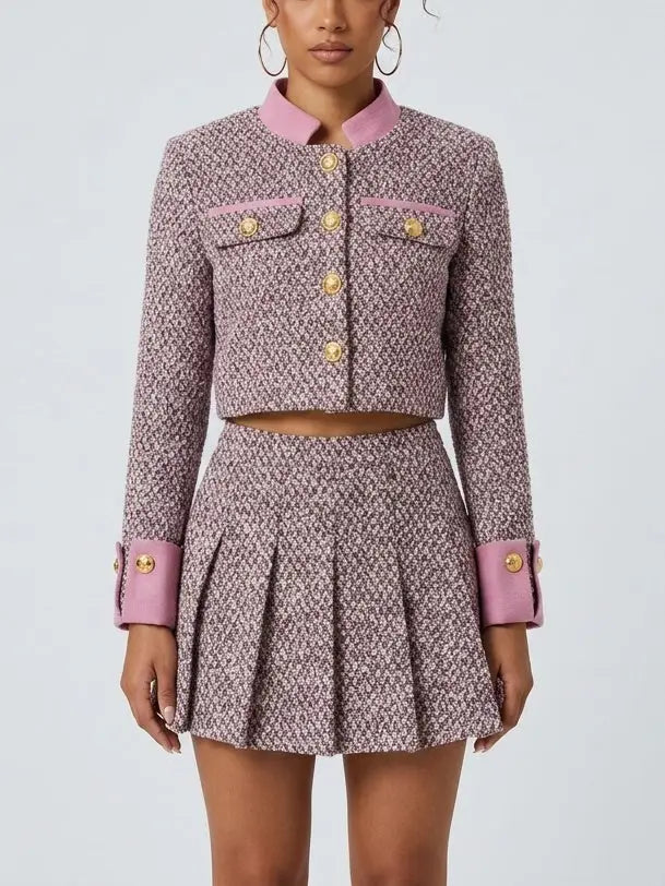 Pink Tweed Jacket and Pleated Mini Skirt Set - Suits & Sets