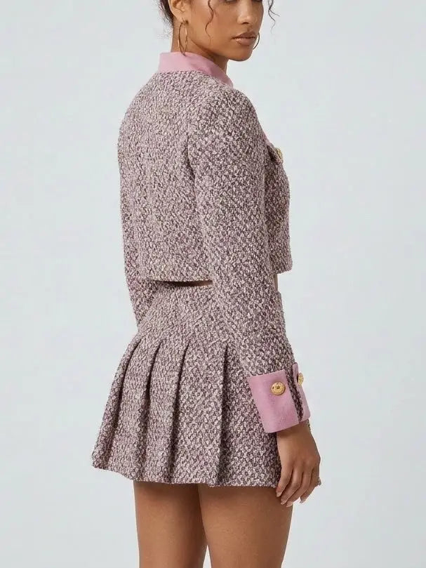 Pink Tweed Jacket and Pleated Mini Skirt Set - Suits & Sets