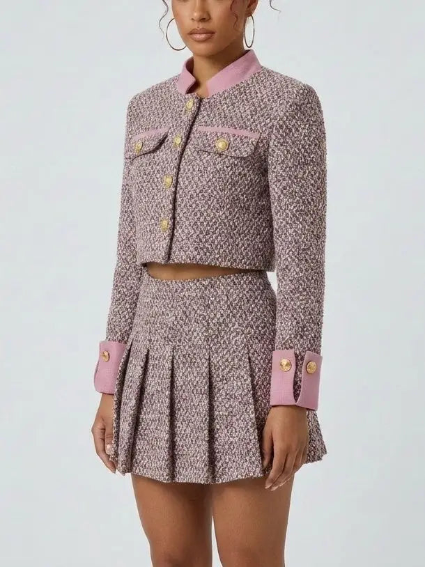 Pink Tweed Jacket and Pleated Mini Skirt Set - Suits & Sets