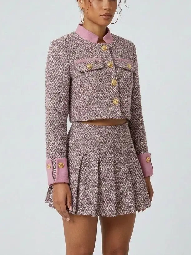 Pink Tweed Jacket and Pleated Mini Skirt Set - Suits & Sets