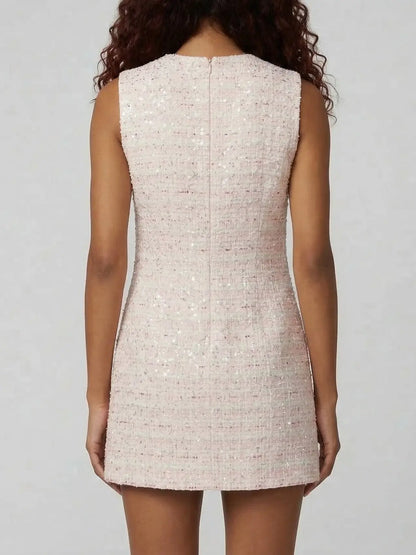 Pink Tweed Mini Dress with Crystal Bow Detail - Dresses