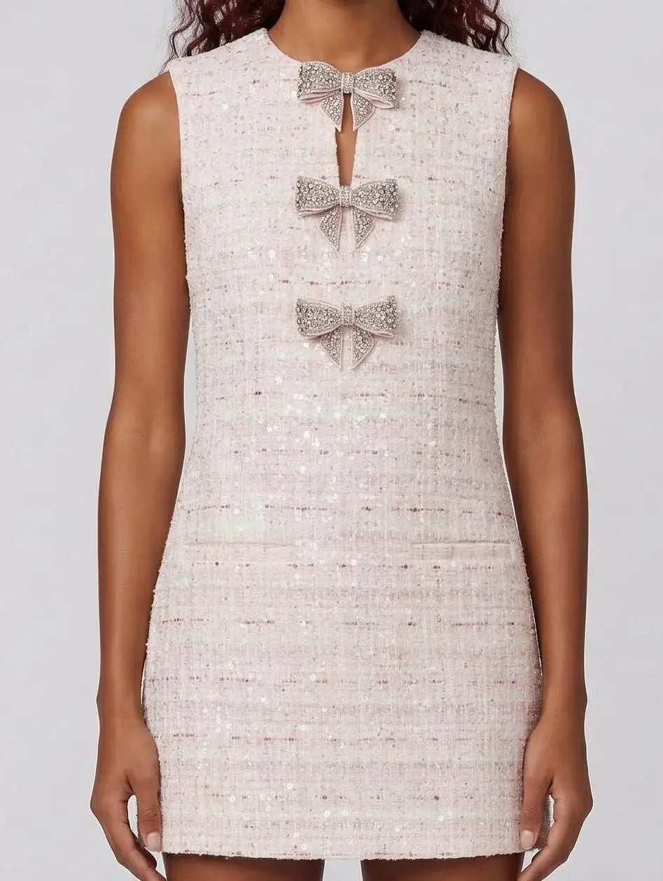 Pink Tweed Mini Dress with Crystal Bow Detail - Dresses