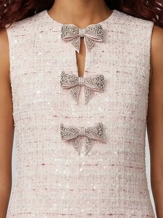 Pink Tweed Mini Dress with Crystal Bow Detail - Dresses