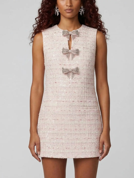 Pink Tweed Mini Dress with Crystal Bow Detail - Small - Dresses