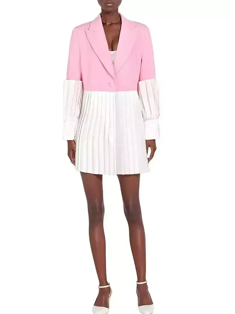 Pink and White Single Breasted Blazer with Pleats Jackets