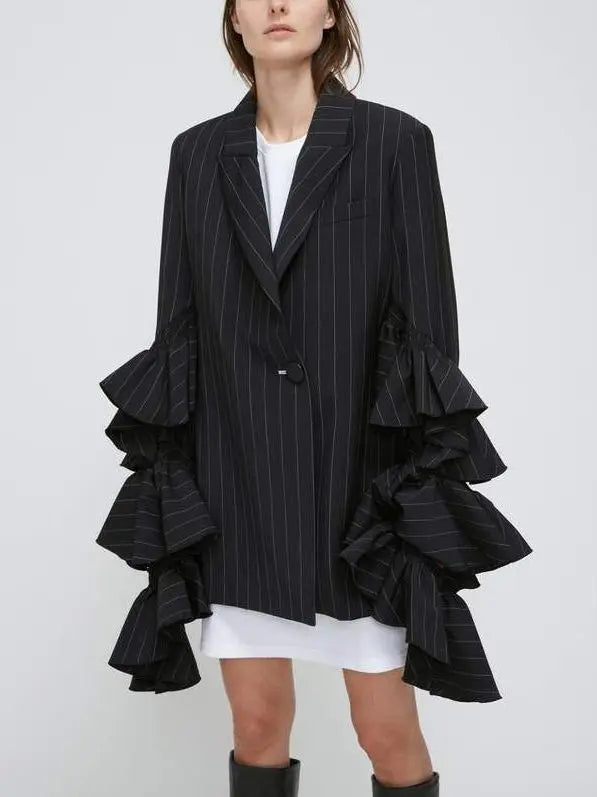 Pinstripe Blazer with Extended Ruffled Sleeves Branna Couture