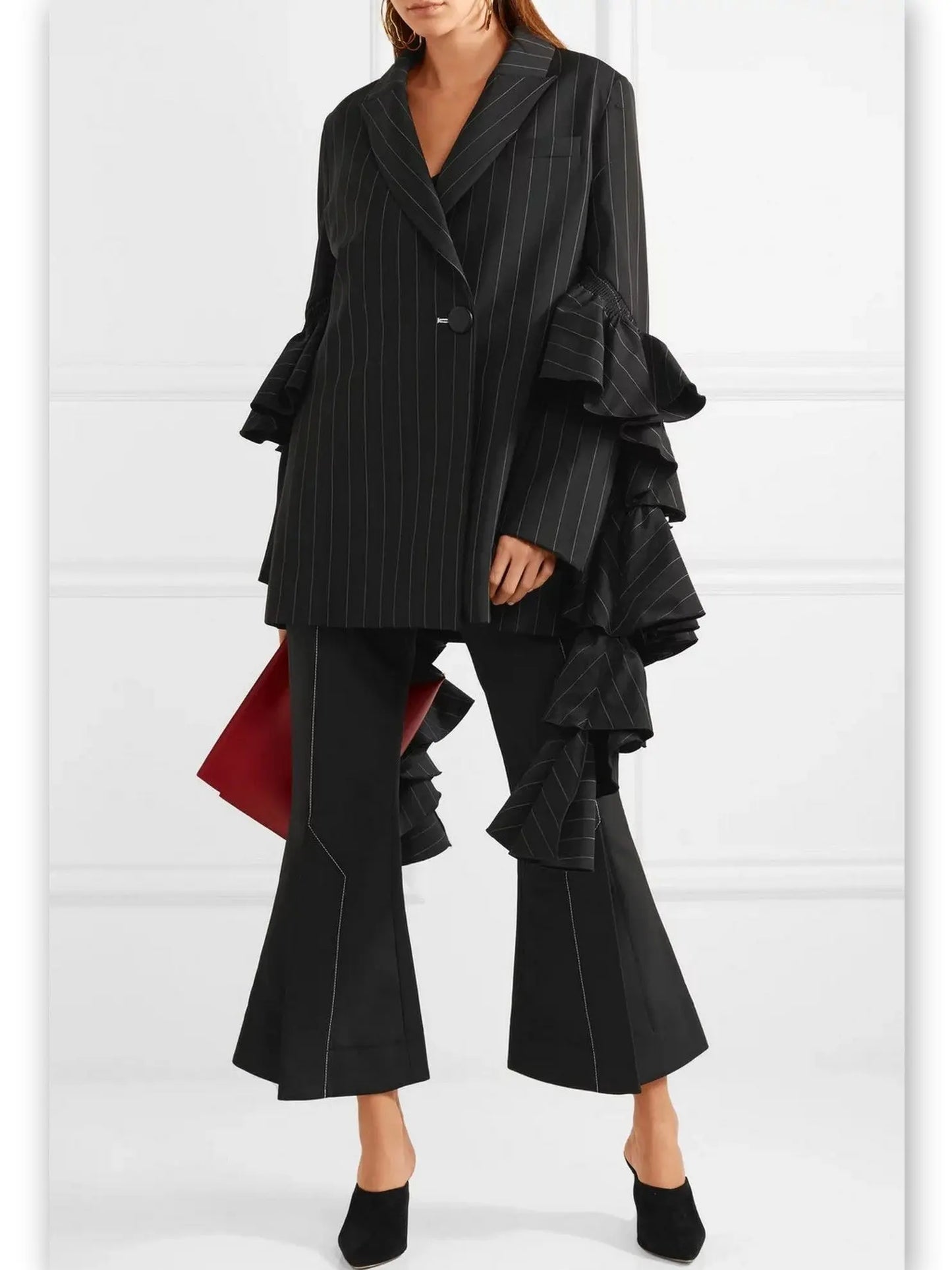 Pinstripe Blazer with Extended Ruffled Sleeves Branna Couture