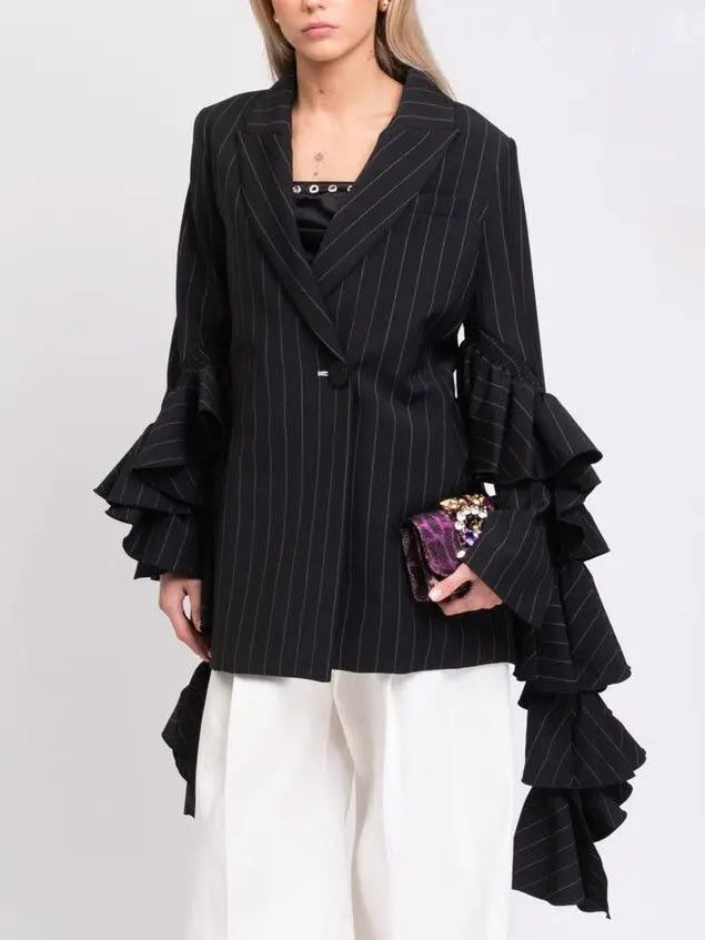 Pinstripe Blazer with Extended Ruffled Sleeves Branna Couture